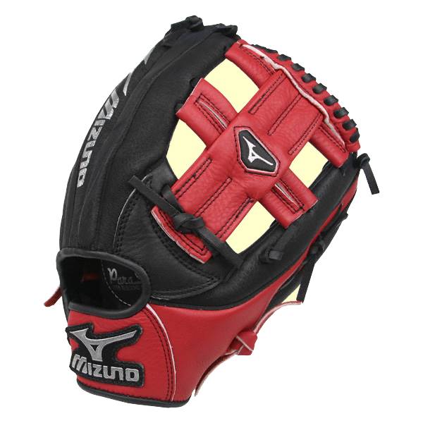 Front view of a black and red baseball glove with a white Mizuno logo and red lacing.
