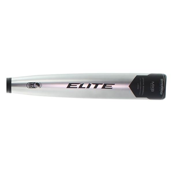 Side view of a silver baseball bat with ELITE and MX8 HYPERWHIP text.