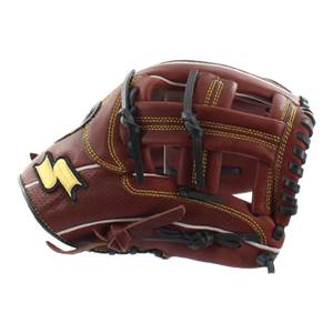 Side view of a brown baseball glove with yellow stitching and a gold M logo.