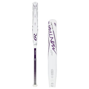 Side view of a white fastpitch softball bat with purple MANTRA PLUS+ -10 text and a Rawlings logo.