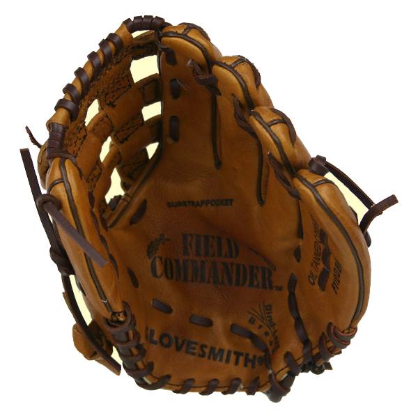 Close-up of a brown baseball glove with FIELD COMMANDER and LOVESMITH branding.