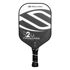Front view of a black and white pickleball paddle with a large S graphic, S2 VANGUARD text, and a black grip.
