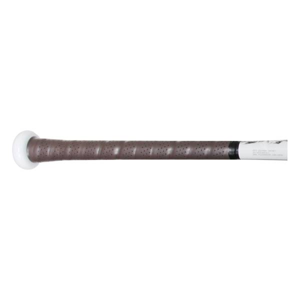 Side view of a white baseball bat with a brown perforated grip and black end cap.