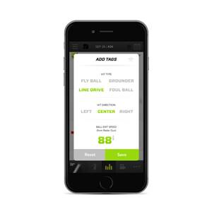 Front view of a black smartphone displaying the Zepp app with hit type, direction, and ball exit speed data.