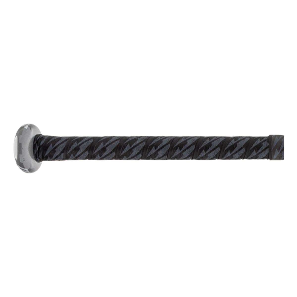 Side view of a gray Louisville Slugger baseball bat with a black patterned grip.