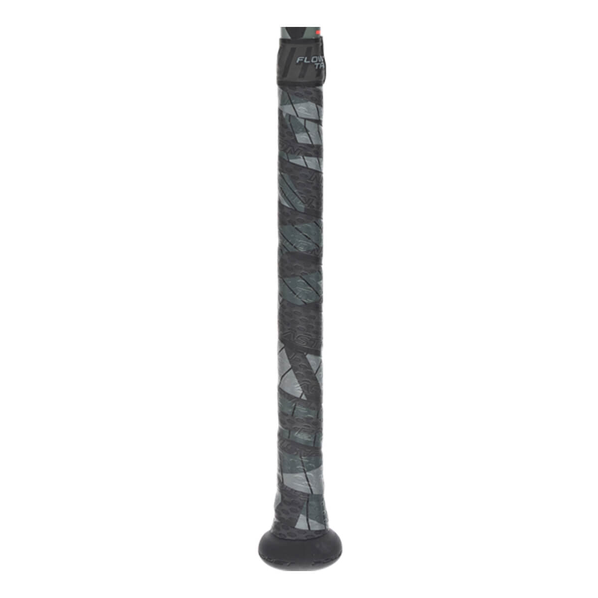 Close-up of a dark gray baseball bat grip with a geometric pattern, a black knob, and FLOW text.