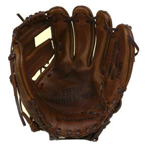 Front view of a brown baseball glove with FIELD COMMANDER and GLOVESMITHS embossed.