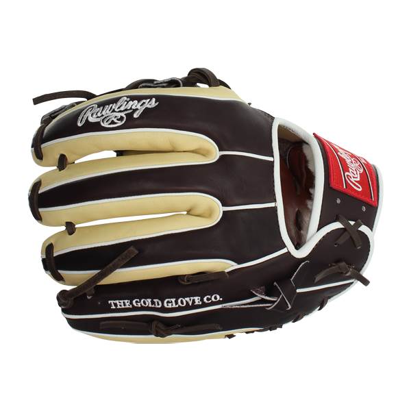 Side view of a brown baseball glove with tan lacing, Rawlings logo, and THE GOLD GLOVE CO. text.