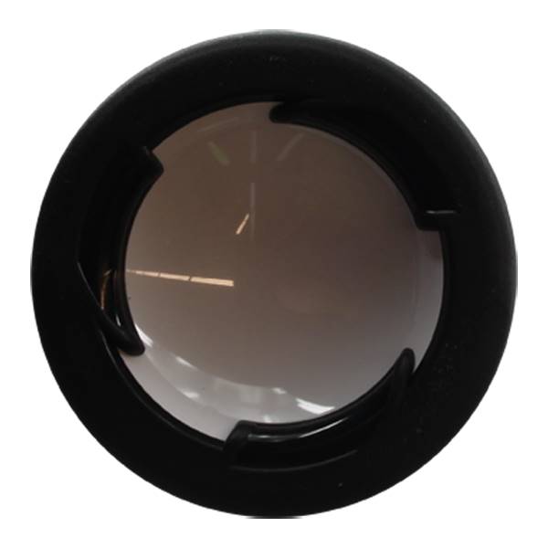 Top-down view of a black softball bat end cap with a smooth, reflective surface and three black tabs.