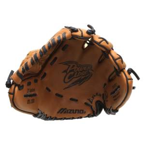 Top-down view of a brown baseball glove with Power Close and Mizuno branding.