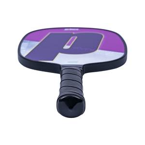 Top-down view of a purple pickleball paddle with a large P logo and black grip.