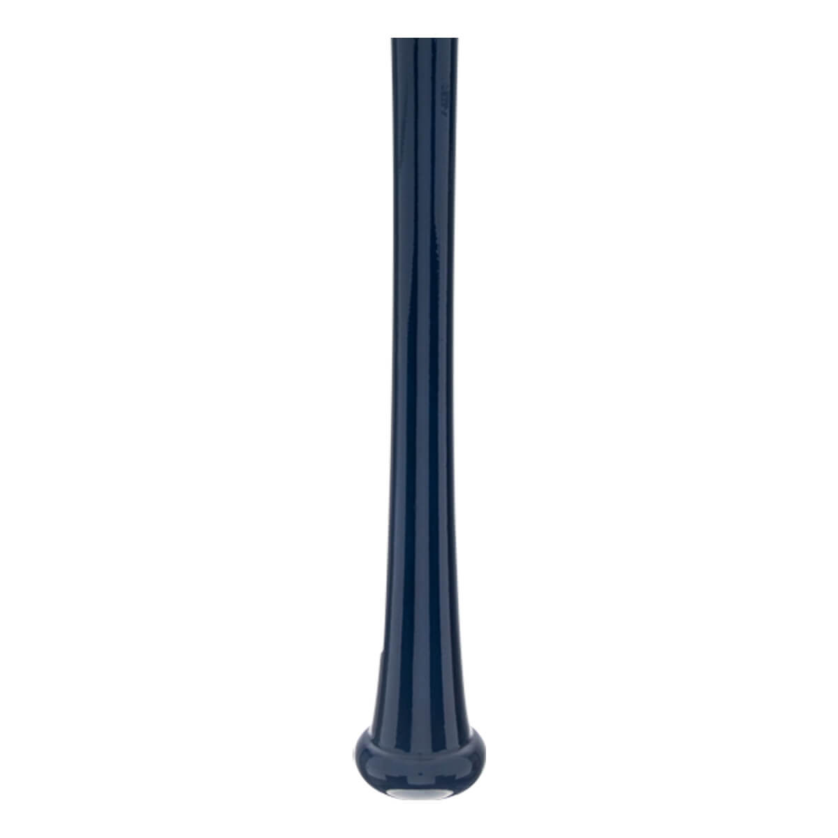 Side view of a dark blue baseball bat with a smooth finish and flared knob.