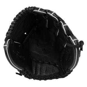 Top-down view of a black baseball glove with white lacing and the Akadema logo.