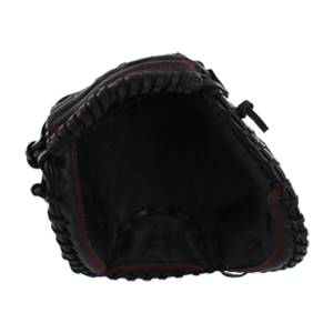 Top-down view of a black catchers mitt with red stitching and a deep pocket.