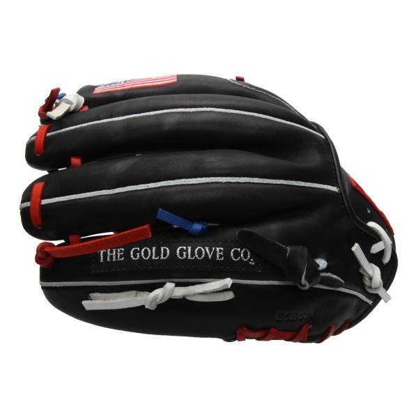 Top-down view of a black baseball glove with red and white lacing, an American flag patch, and THE GOLD GLOVE CO. text.
