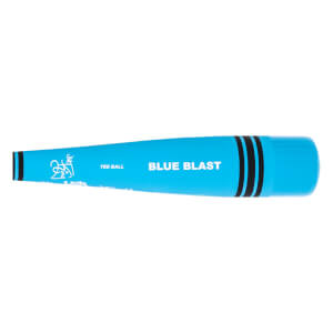 Side view of a blue tee ball bat with BLUE BLAST text and black stripes.