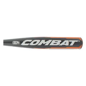 Side view of a black baseball bat with white COMBAT text and orange accents.