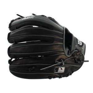 Side view of a black baseball glove with A2K branding and MLB logo.