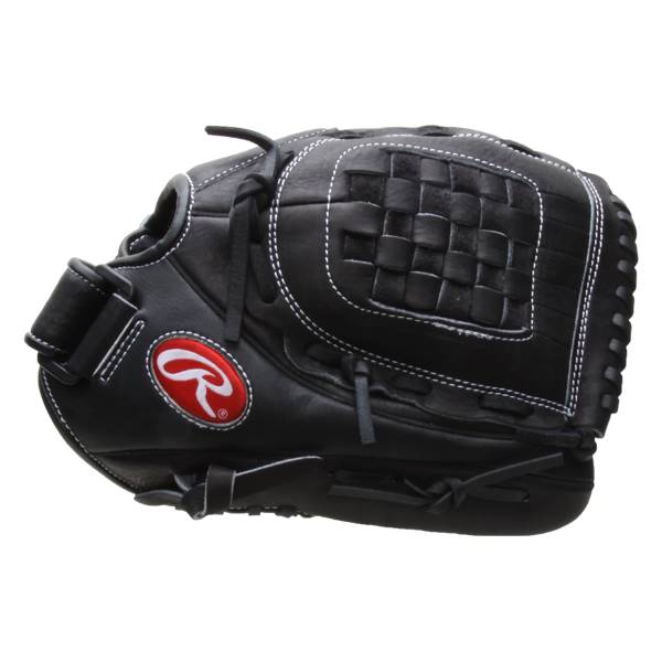 Side view of a black fastpitch glove with white stitching and a woven pocket.