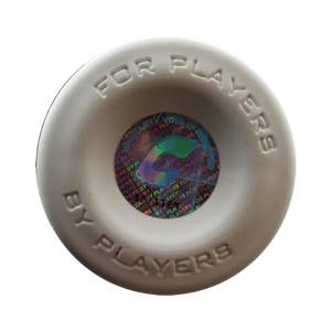 Top-down view of a white baseball bat end cap with FOR PLAYERS BY PLAYERS text and a holographic logo.