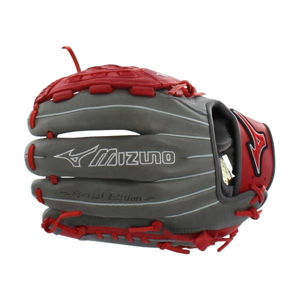 Side view of a smoke and red baseball glove with Mizuno logo and Special Edition text.