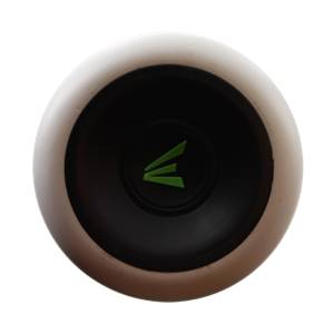 Bottom view of a beige baseball bat with a black end cap and green Easton logo.