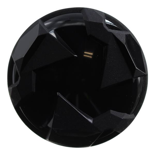 Top-down view of a black baseball bat end cap with geometric facets and a matte finish.