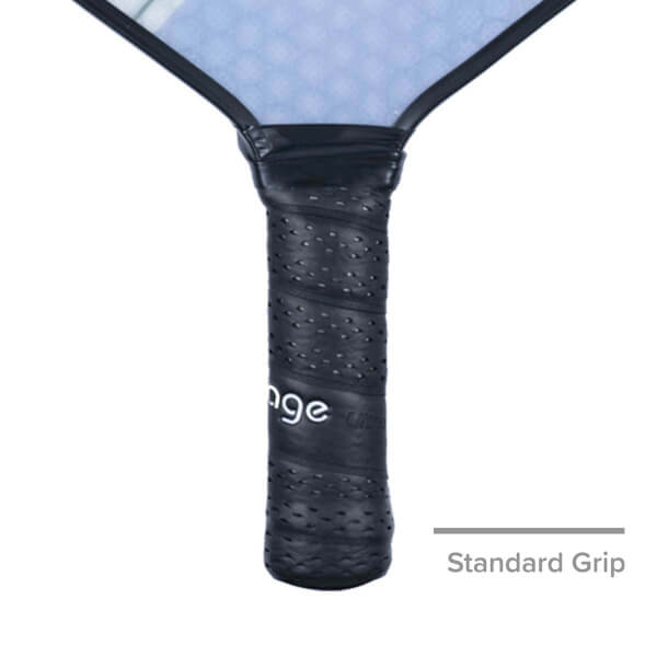 Close-up of a black pickleball paddle grip with Engage text and perforated texture.