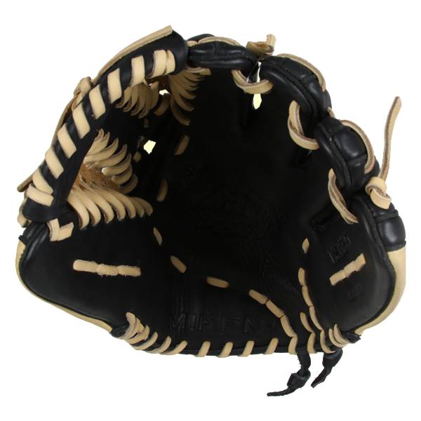 Inside view of a black fastpitch glove with tan lacing and MIKEN text.