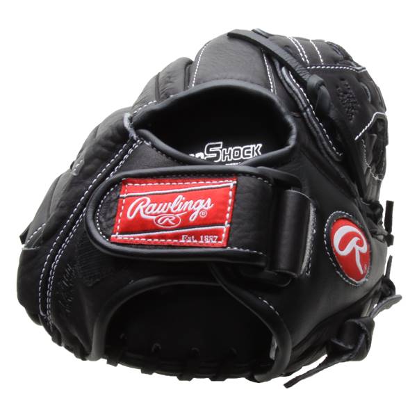 Front view of a black Rawlings fastpitch glove with SHOCK text and red logo patch.