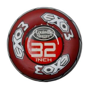 End view of a red Louisville Slugger baseball bat with EXOGRID 3 and 32 INCH branding.