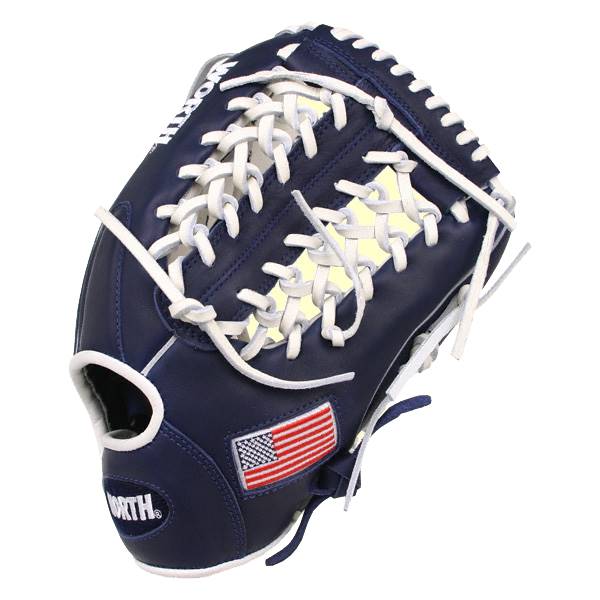 Corner view of a navy blue baseball glove with white lacing and an American flag patch.
