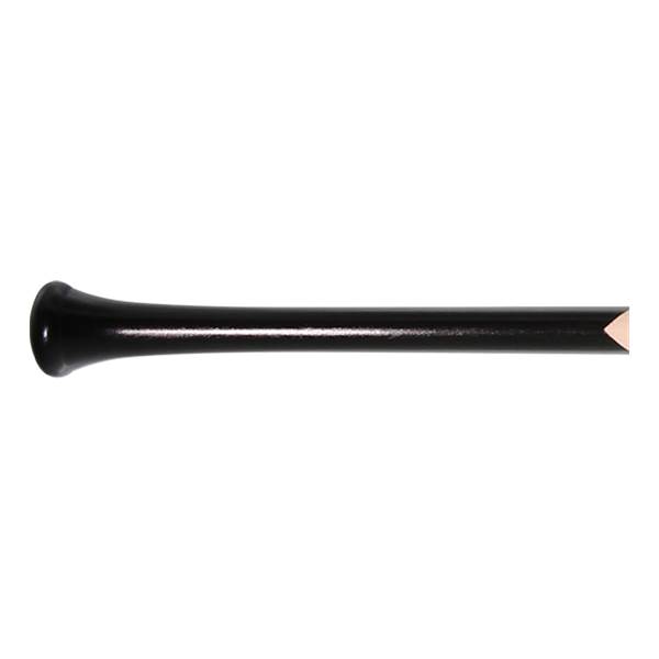Side view of a black baseball bat with a flared knob and beveled end.