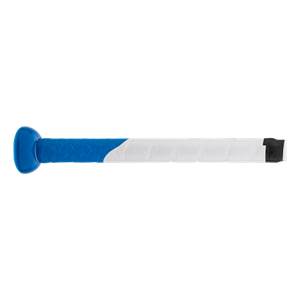 Side view of a baseball bat handle featuring a blue knob and a textured grip that transitions diagonally from blue to white with a finishing band of black tape.