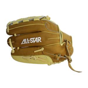 Side view of a tan softball glove with yellow accents and ALL-STAR branding.