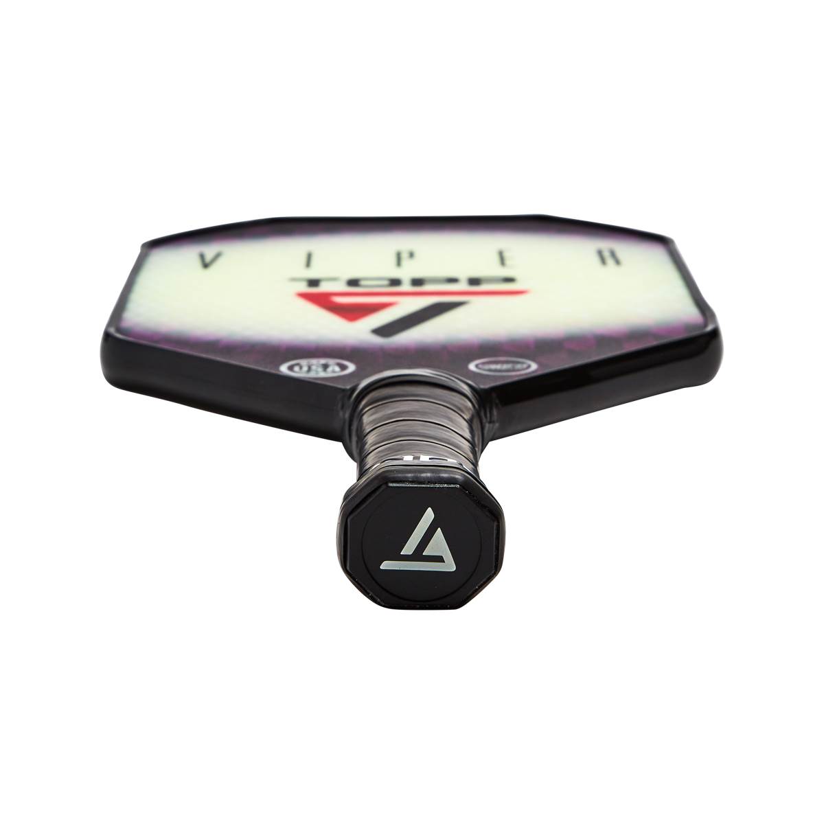 Top-down view of a white pickleball paddle with black grip, TOPP logo, and VIPER text.