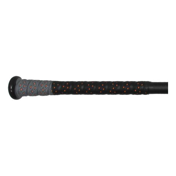 Side view of a black baseball bat with a gray diamond-patterned grip and an orange-dotted black grip.