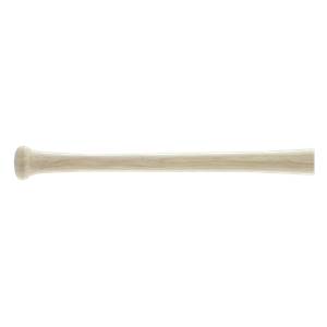 Side view of a light wood baseball bat with a rounded knob and tapered barrel.