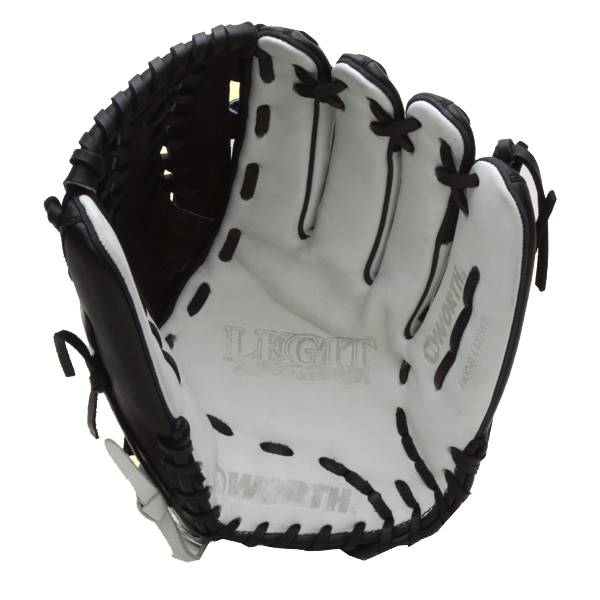 Interior view of a black and white softball glove with LEGIT and WORTH branding.