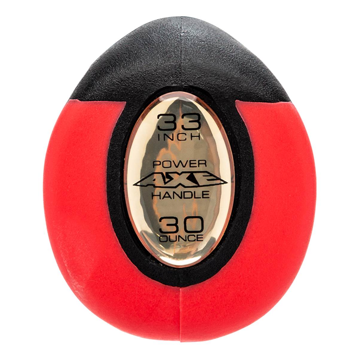 End view of a red and black baseball bat with 33 INCH, POWER AXE HANDLE, and 30 OUNCE text.