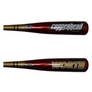Side view of a red and gold baseball bat with COPPERHEAD and WORTH branding.