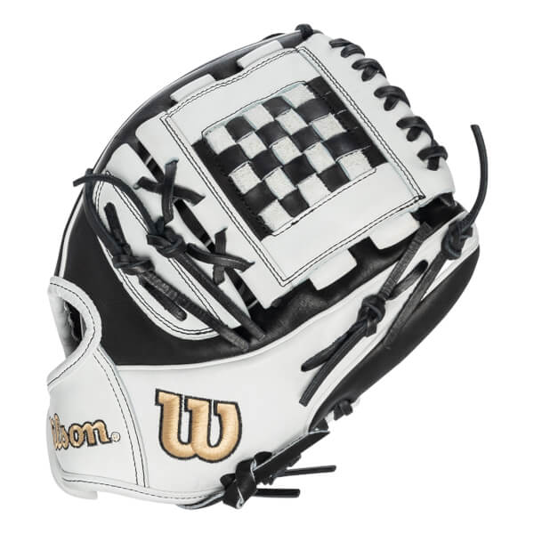 Back view of the black and white glove showing a checkered web pattern and gold embroidered "W" and "Wilson" logos.