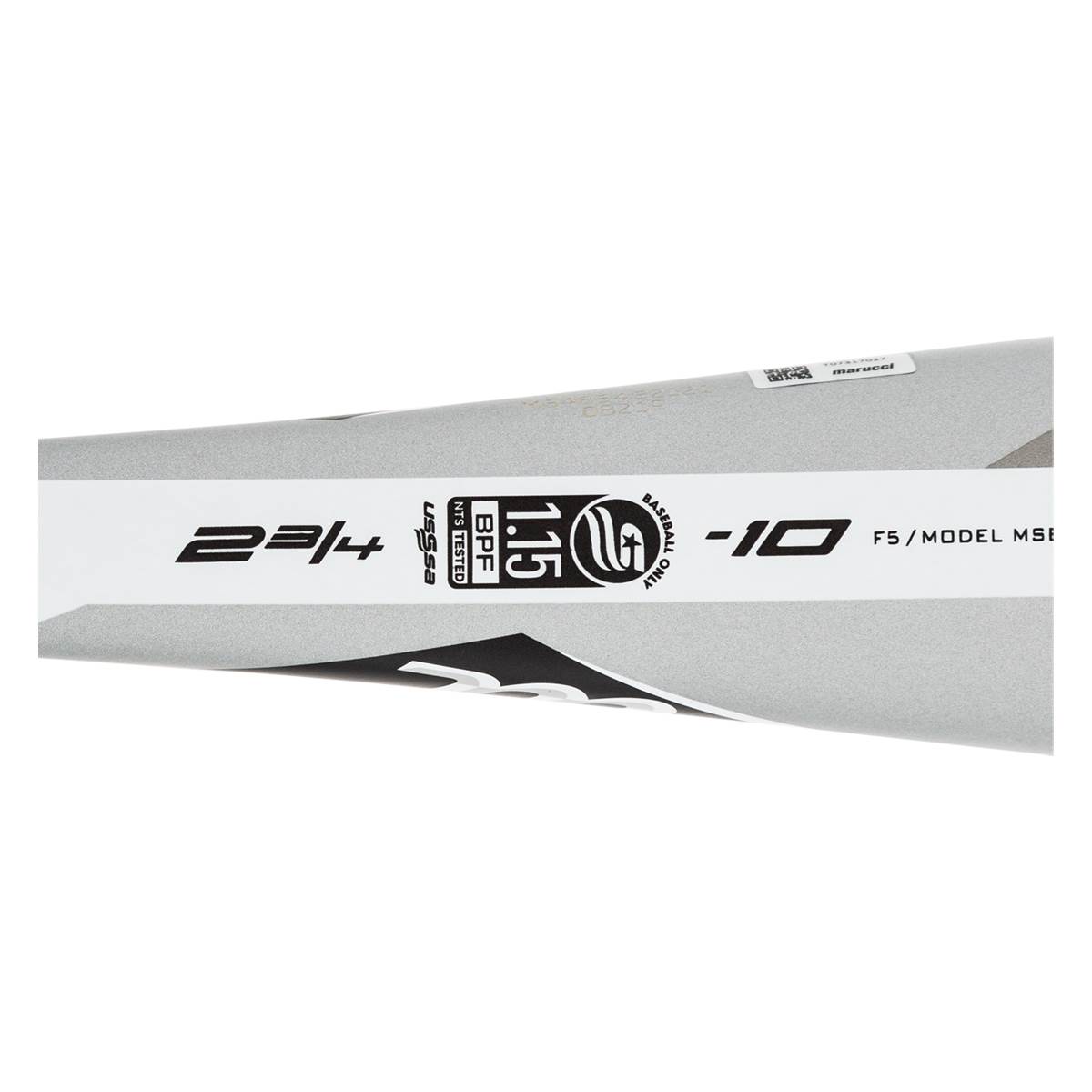 Side view of a silver baseball bat with USSSA, BPF 1.15, and -10 markings.