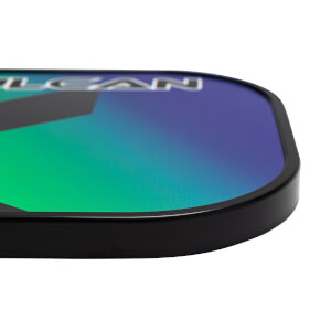 Corner view of a black pickleball paddle with a green and purple gradient and VULCAN text.