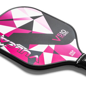 Corner view of a black pickleball paddle with pink and white geometric design, V510 HYBRID text, and USA Pickleball Approved stamp.