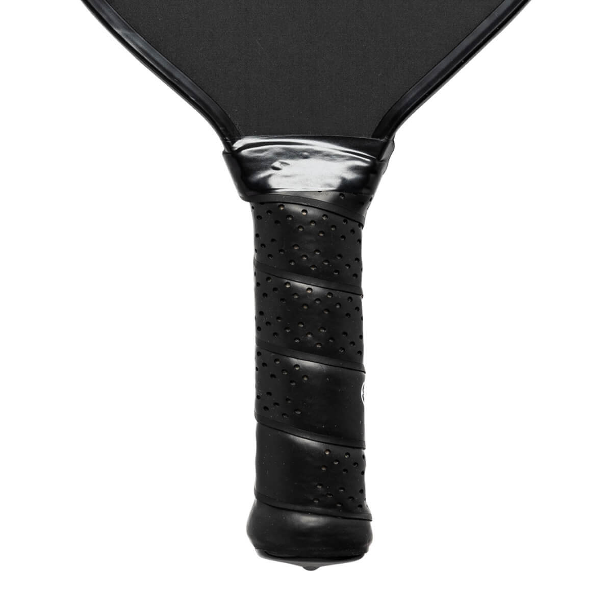 Close-up of a black pickleball paddle grip with a spiral pattern and perforations.