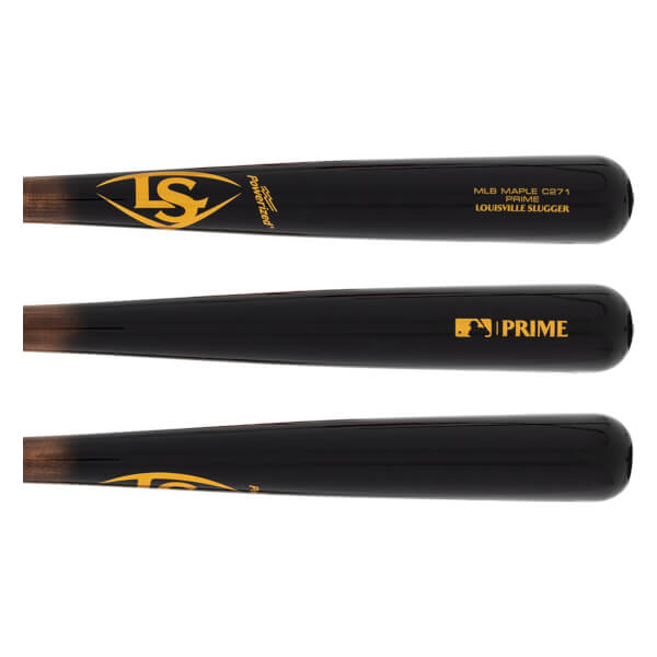 Composite view of a black baseball bat with gold LS logo, Louisville Slugger text, and MLB Prime logo.