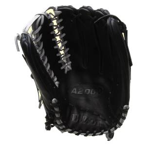 Front view of a black baseball glove with white lacing and A2000 Wilson branding.