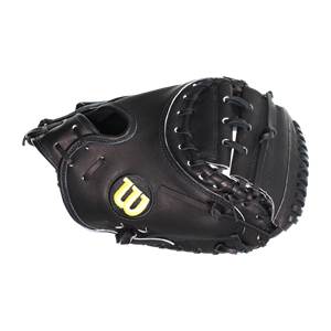Side view of a black baseball catchers mitt with a yellow Wilson W logo and white lacing.