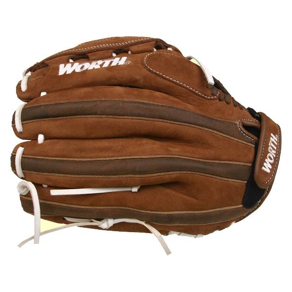 Side view of a brown baseball glove with white lacing and WORTH branding.